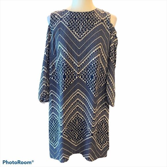 AUW | Cold Shoulder blue white Print Dress - Picture 1 of 7